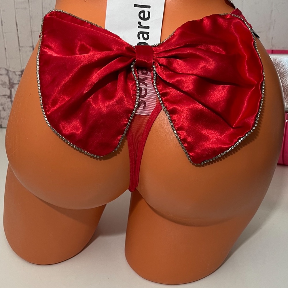 VS XS M L VERY SEXY CRYSTAL EMBELLISHMENTS BOW SATIN THONG PANTY